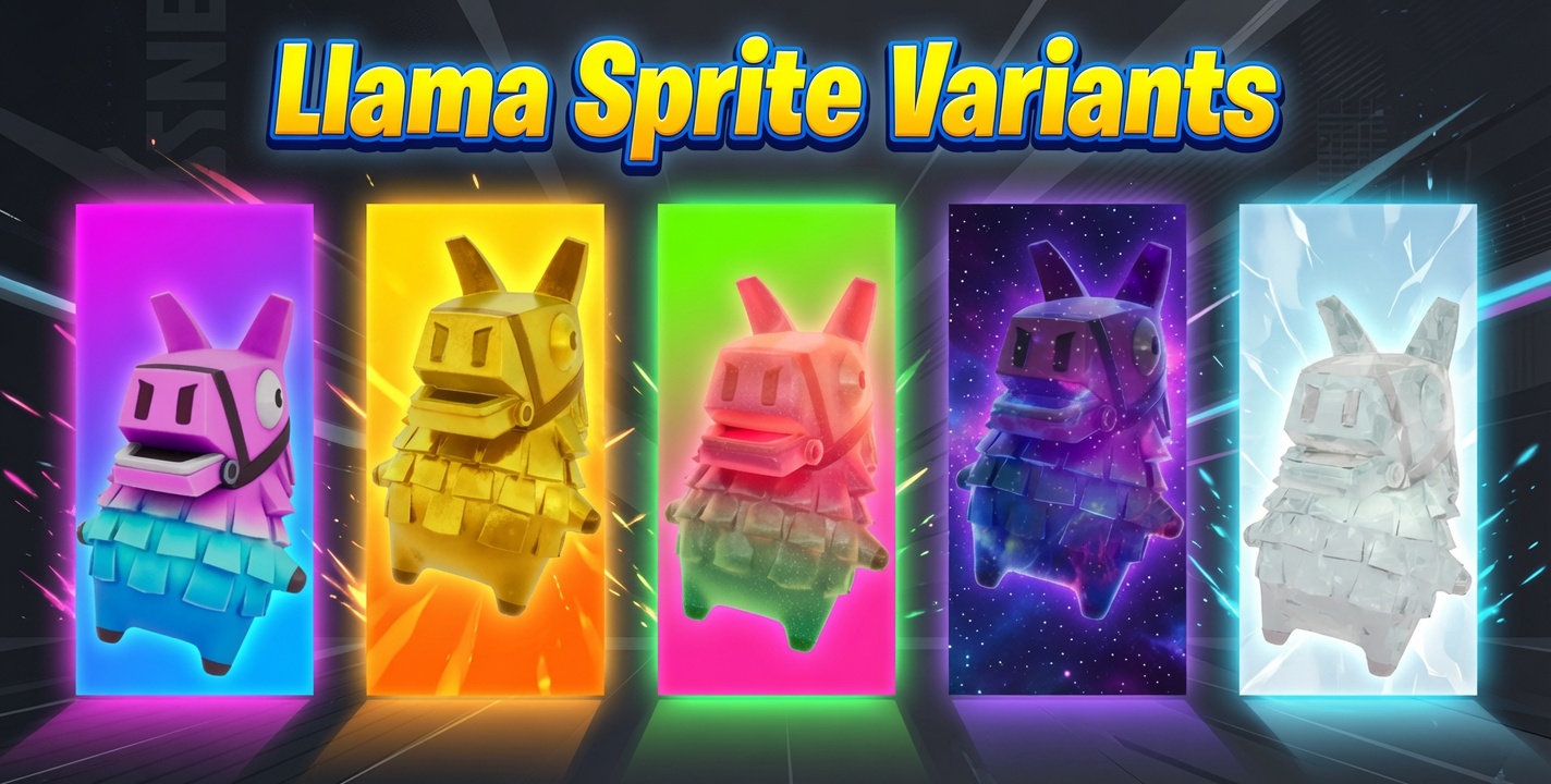 Fortnite Llama Sprite variants: the Base, Gold, Gummy, Galaxy, and Gem versions of the Legendary Llama Sprite