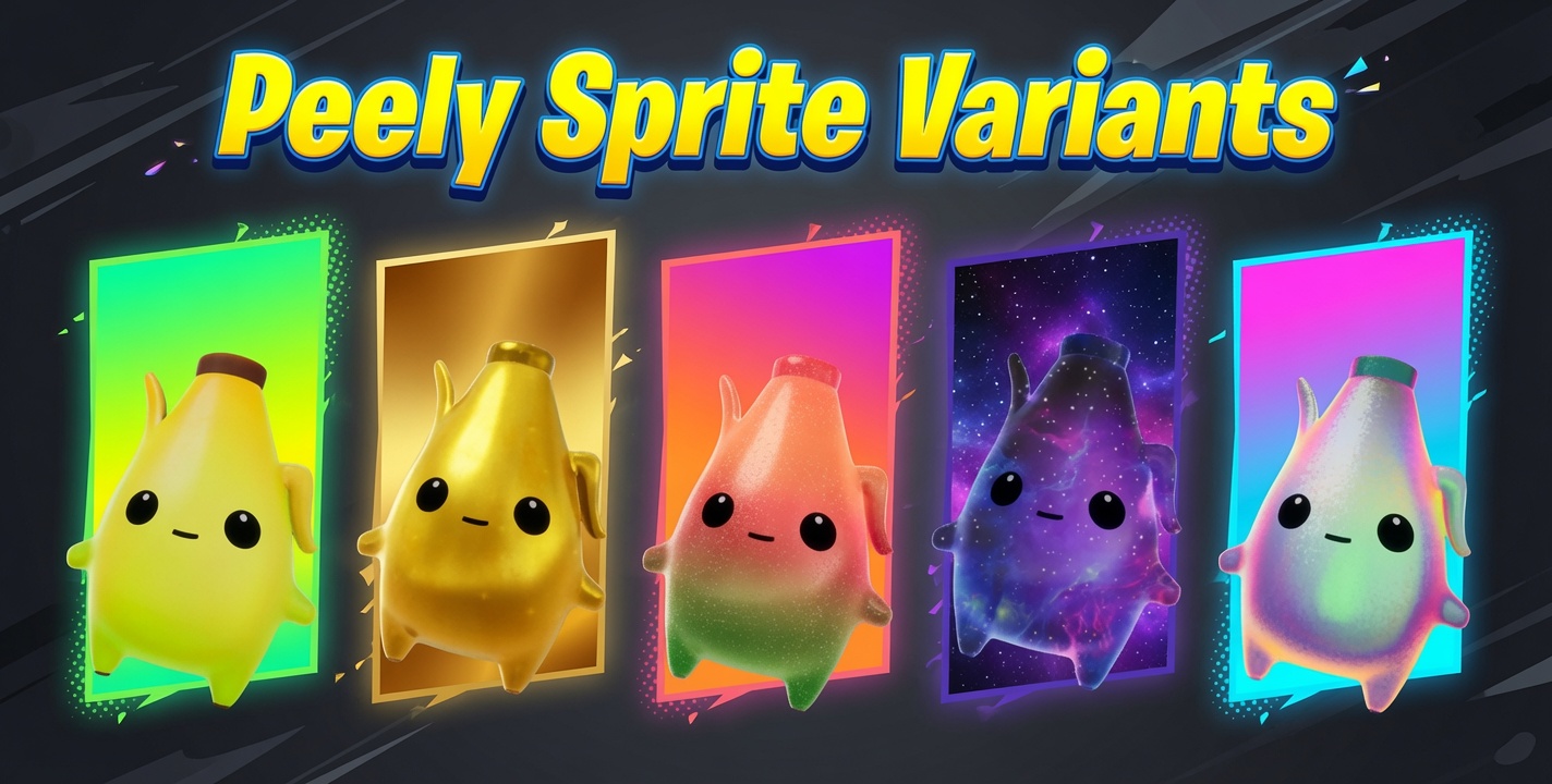 Fortnite Peely Sprite variants: the Base, Gold, Gummy, Galaxy, and Holofoil versions of the Legendary Peely Sprite
