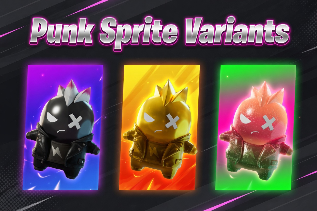 Fortnite Punk Sprite variants: the base, gold, and Gummy color versions of the Legendary Punk Sprite