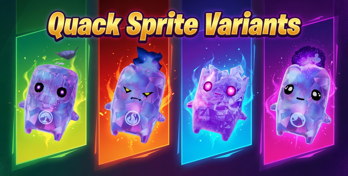 Fortnite Quack Sprite variants: the cracked violet-crystal Quack finish on the Earth, Fire, Water, and Zero Point Sprites