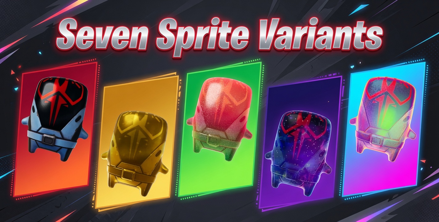 Fortnite Seven Sprite variants: the Base, Gold, Gummy, Galaxy, and Holofoil versions of the Legendary Seven Sprite