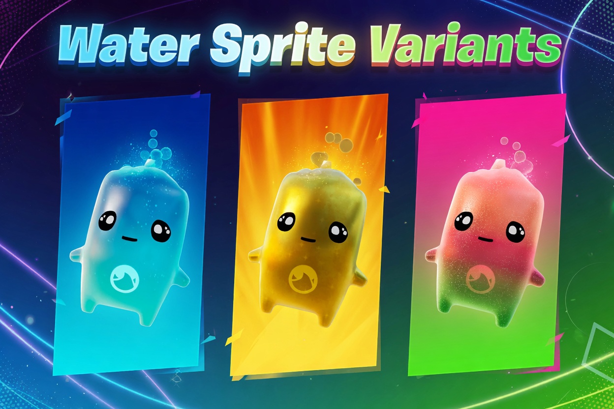 Fortnite Water Sprite variants: the base blue, gold, and Gummy color versions of the Rare Water Sprite