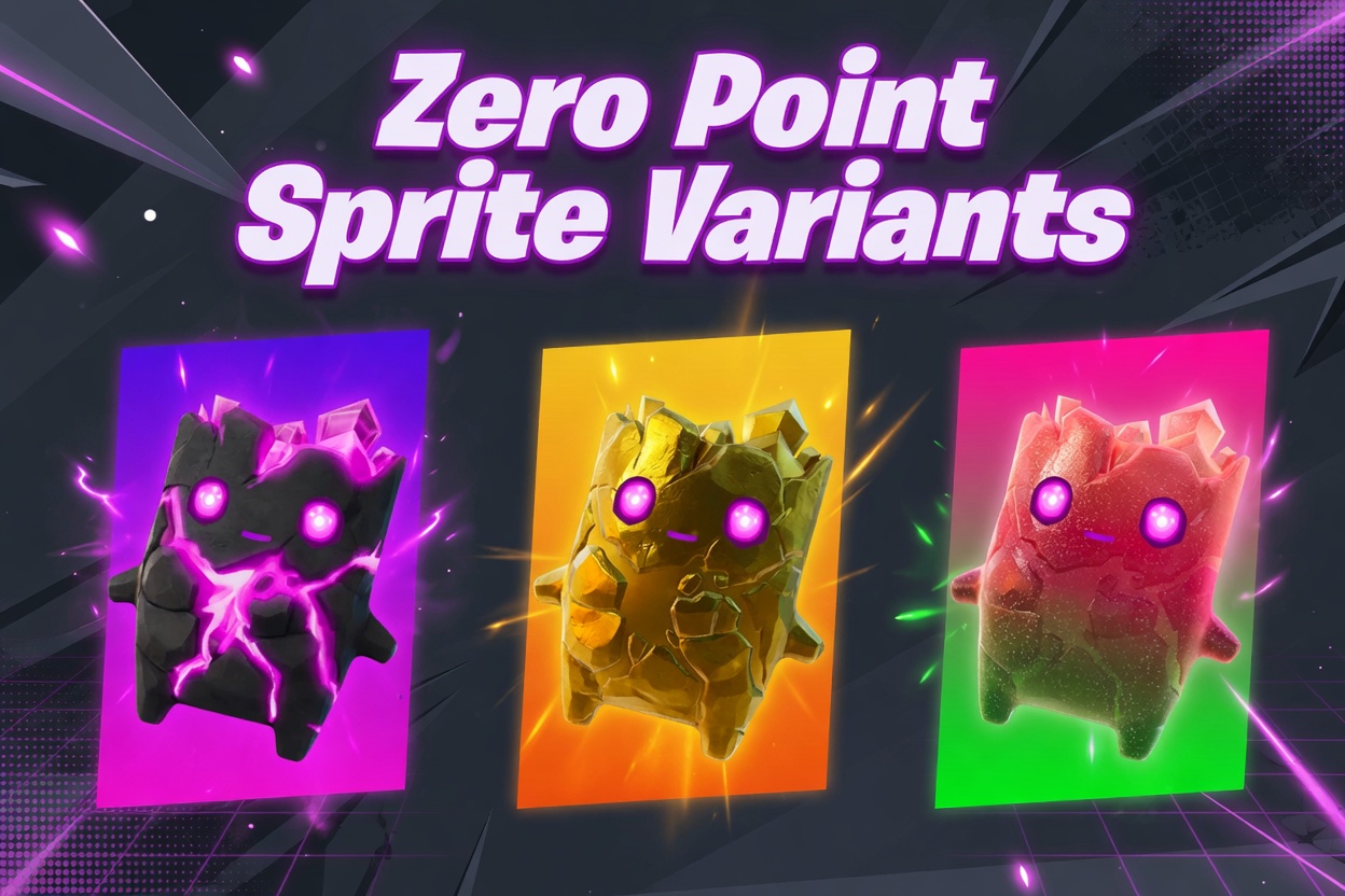 Fortnite Zero Point Sprite variants: the base, gold, and Gummy color versions of the Mythic Zero Point Sprite