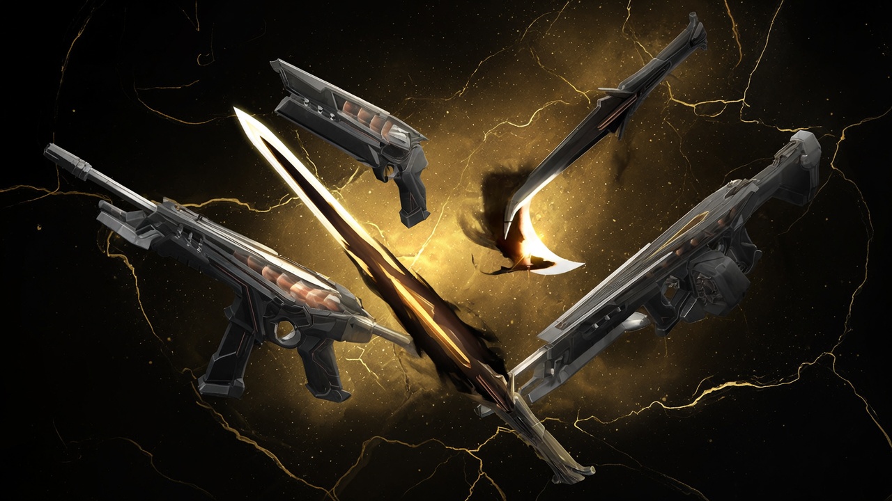 The VALORANT Blackspyre skin collection: Phantom, Sheriff, Spectre, Ares, and The Divide melee