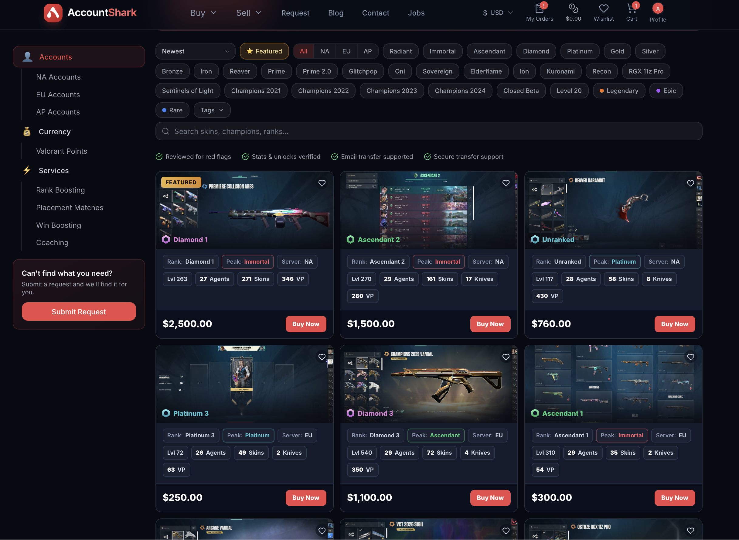 AccountShark Valorant account listings showing current rank, peak rank, region, agents, skins, and knife count on each card