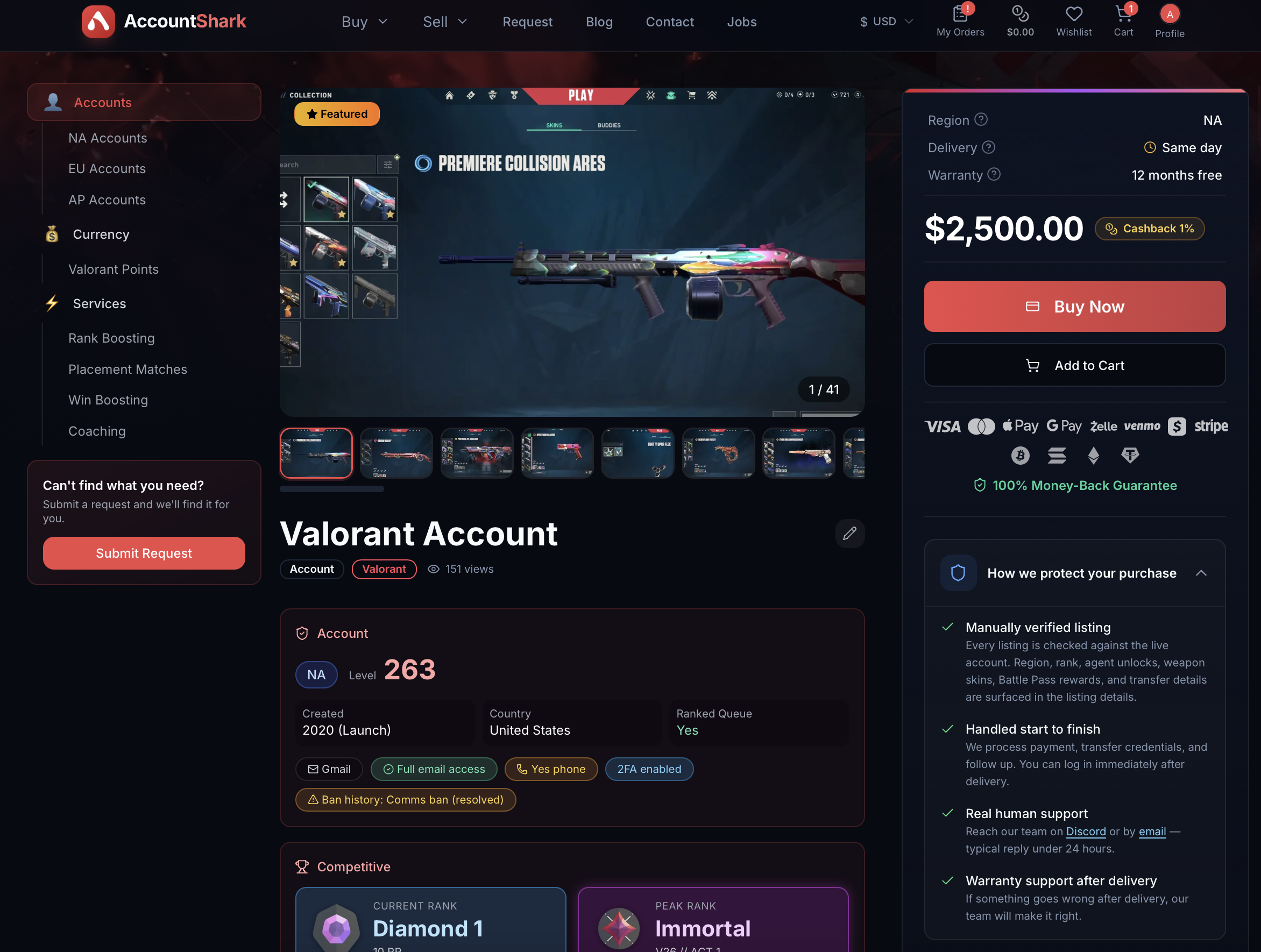 AccountShark Valorant account listing detail showing current and peak rank, account creation year, email and 2FA status, and ban history disclosure