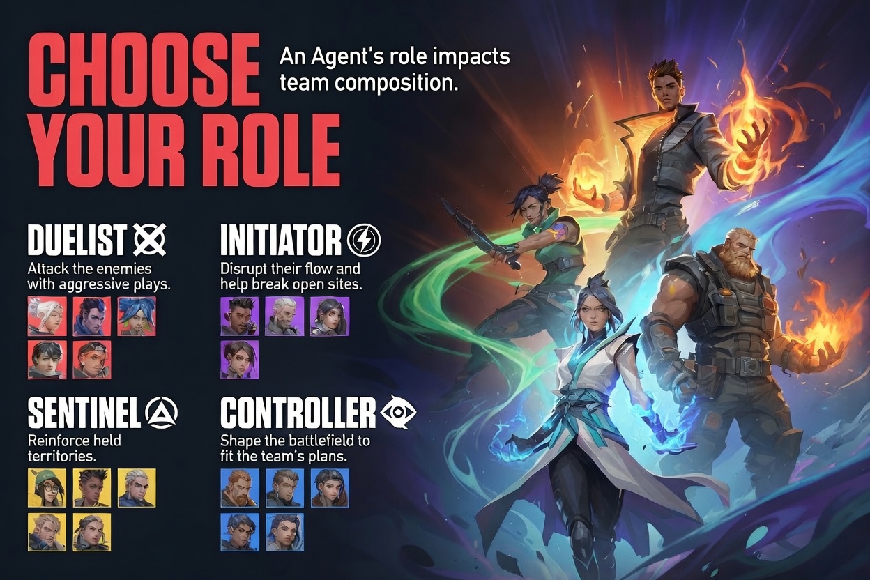 Valorant roles overview: Duelist, Initiator, Sentinel and Controller with example agents