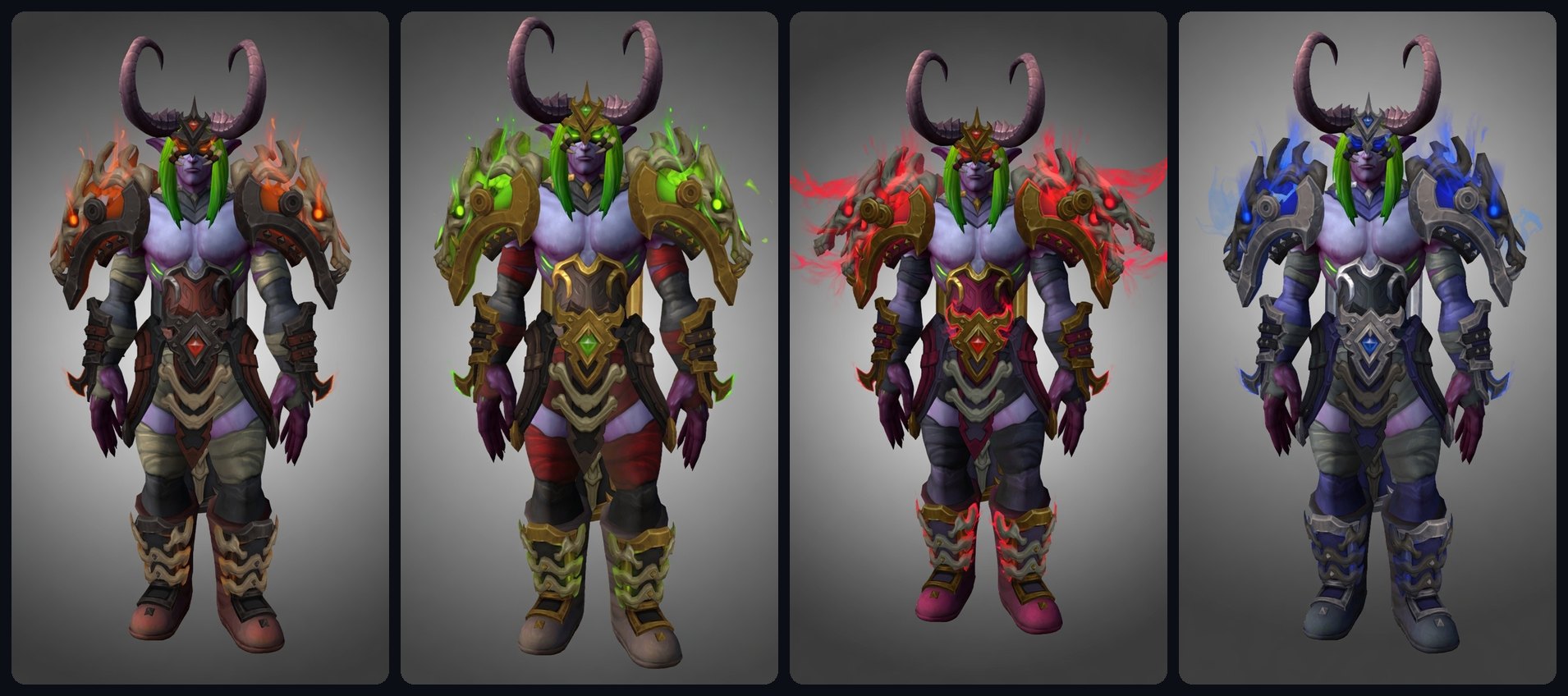 Patch 12.1 Curse of Ula'tek Demon Hunter Venomous Abyss raid tier set appearances across the LFR, Normal, Heroic, and Mythic recolors