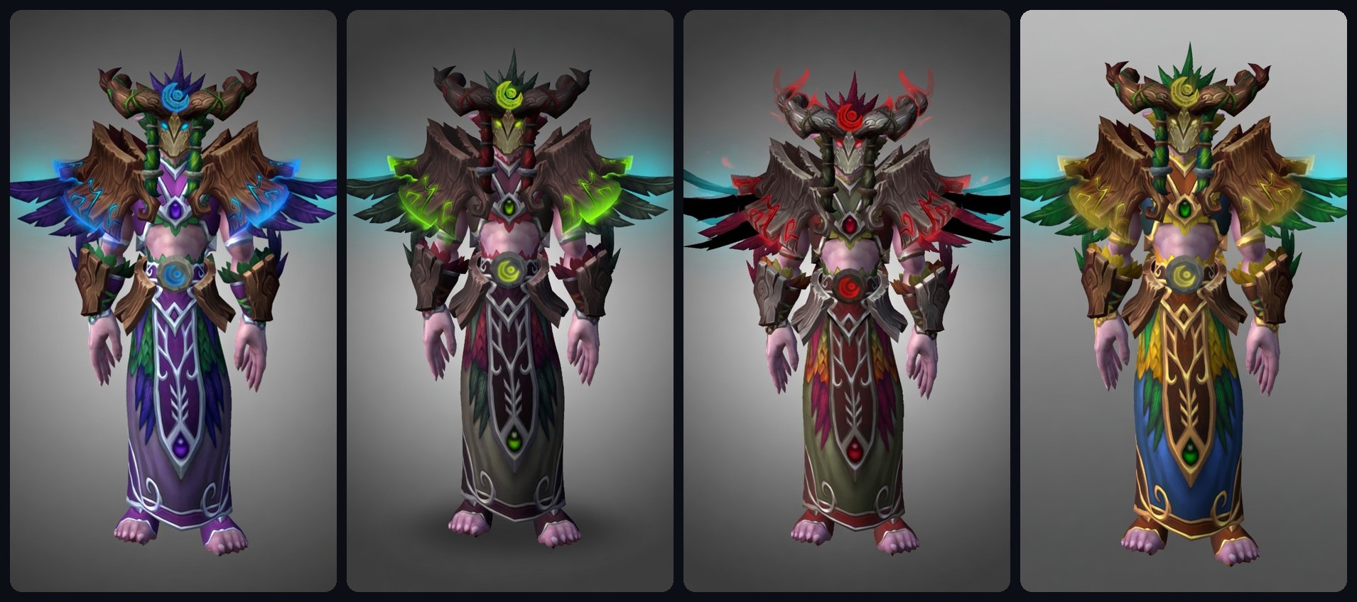 Patch 12.1 Curse of Ula'tek Druid Venomous Abyss raid tier set appearances across the LFR, Normal, Heroic, and Mythic recolors