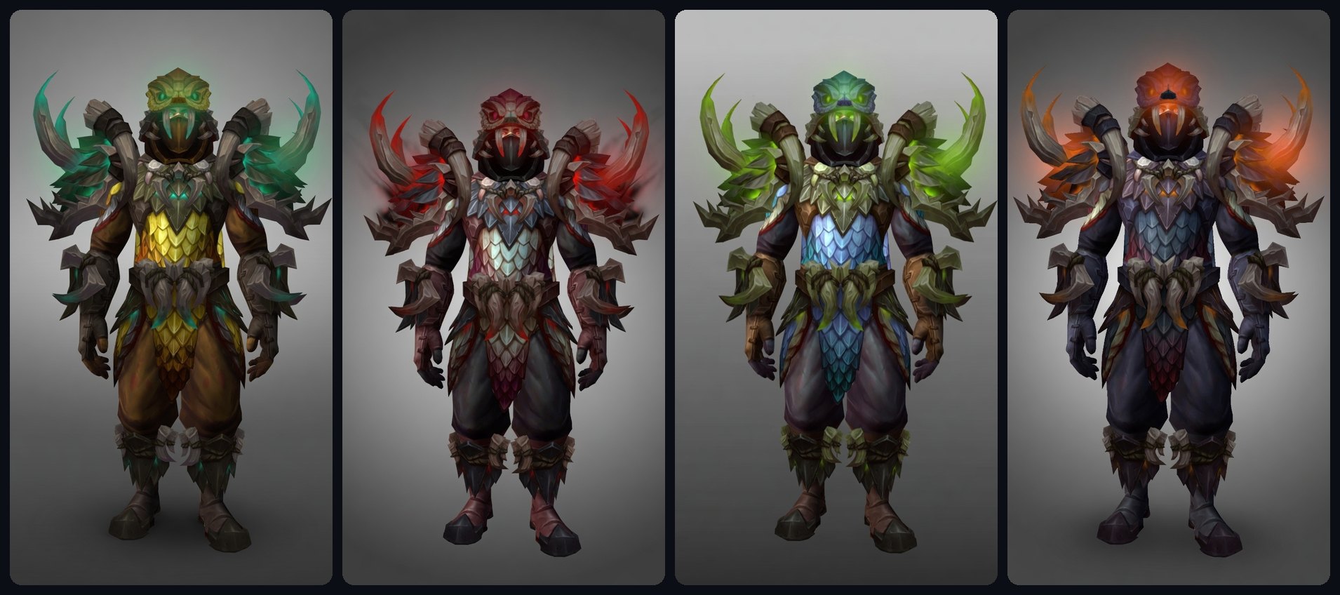 Patch 12.1 Curse of Ula'tek Hunter Venomous Abyss raid tier set appearances across the LFR, Normal, Heroic, and Mythic recolors