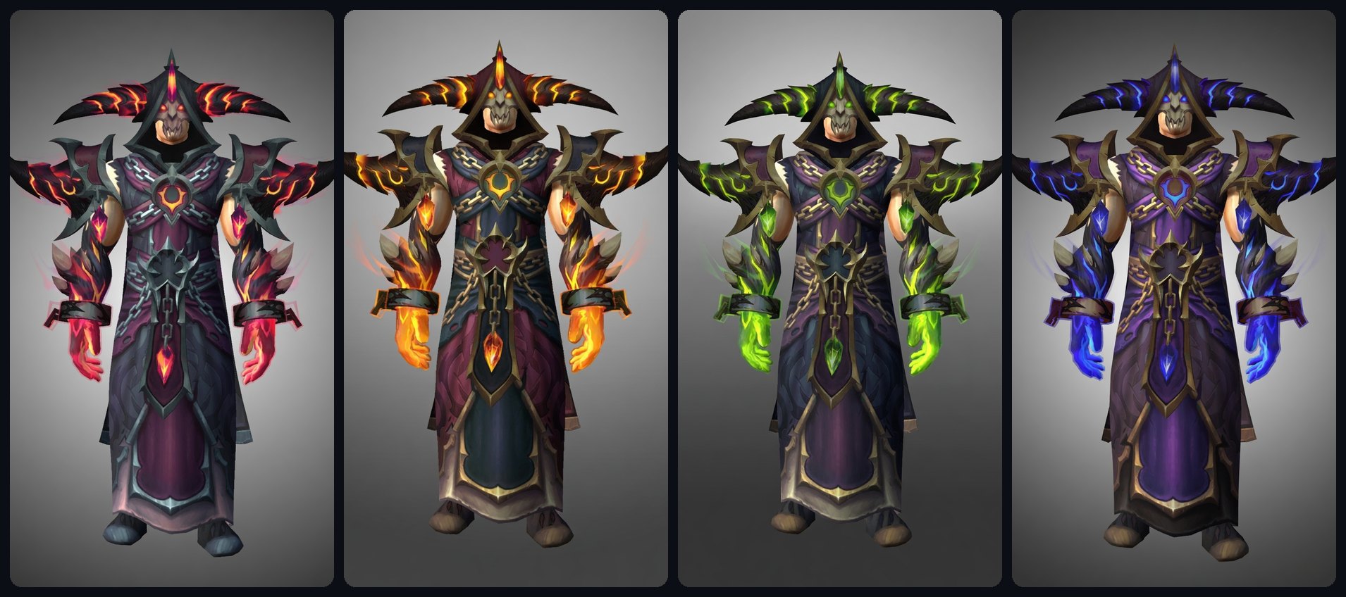 Patch 12.1 Curse of Ula'tek Warlock Venomous Abyss raid tier set appearances across the LFR, Normal, Heroic, and Mythic recolors