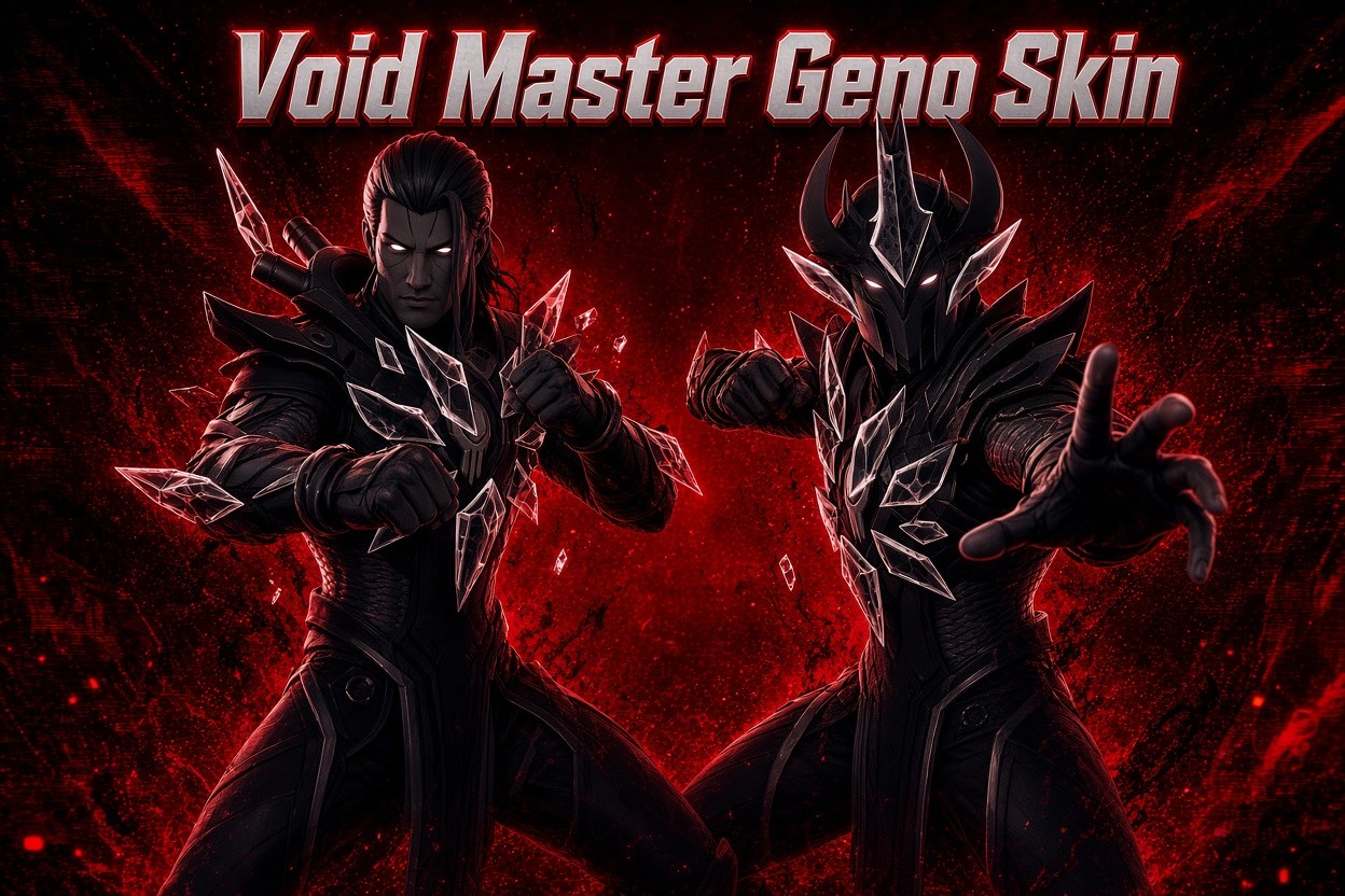 The Void Master Geno outfit, a dark armoured figure with glowing white eyes and crystalline spikes