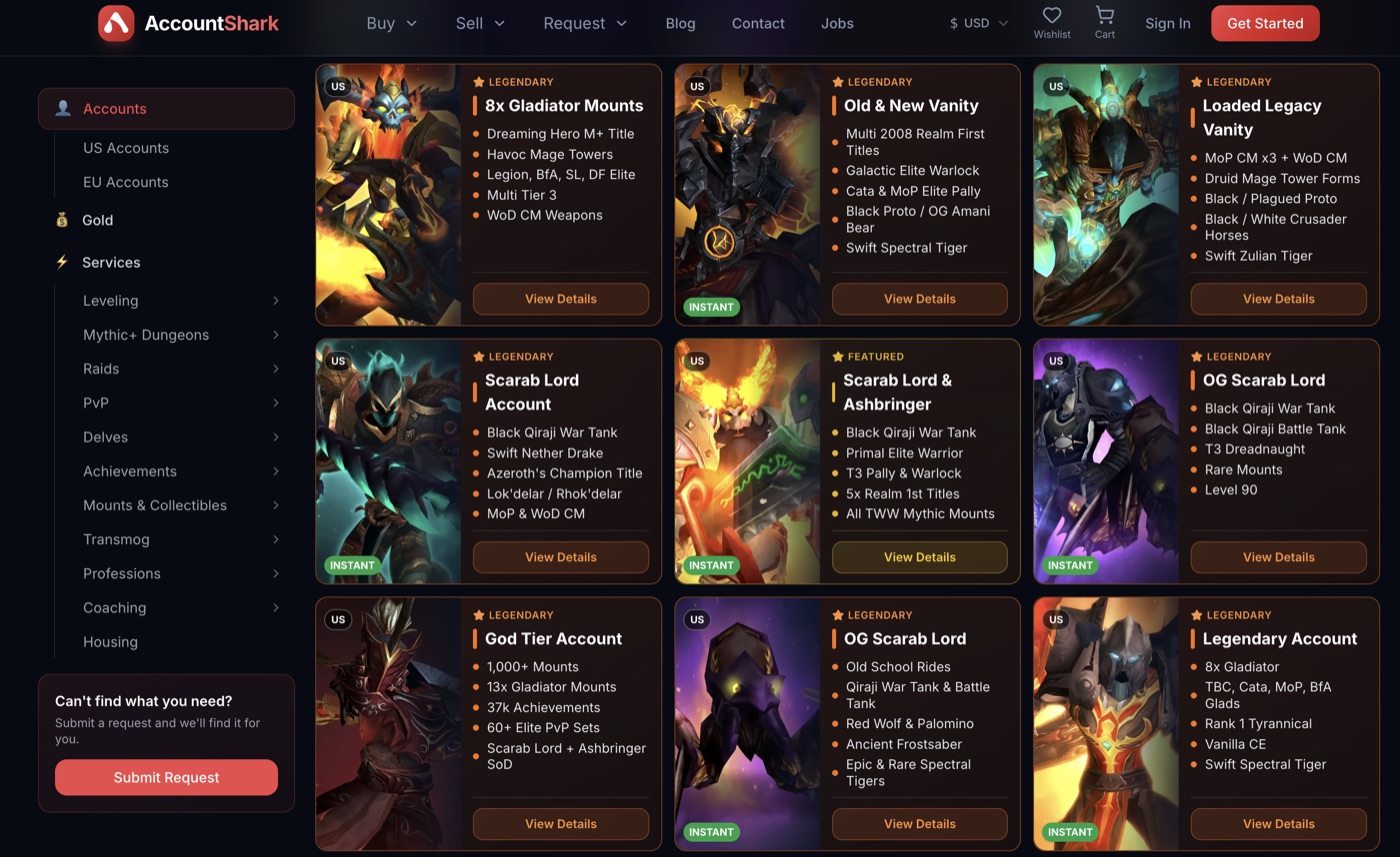AccountShark WoW account marketplace showing verified listings with Gladiator mounts, Scarab Lord accounts, legacy vanity collections, and instant delivery badges