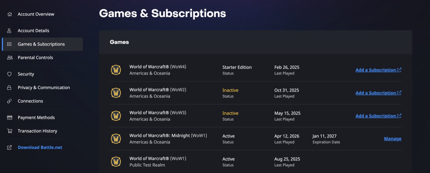Battle.net Games & Subscriptions page showing a healthy account — a few inactive and active WoW licenses, no bans