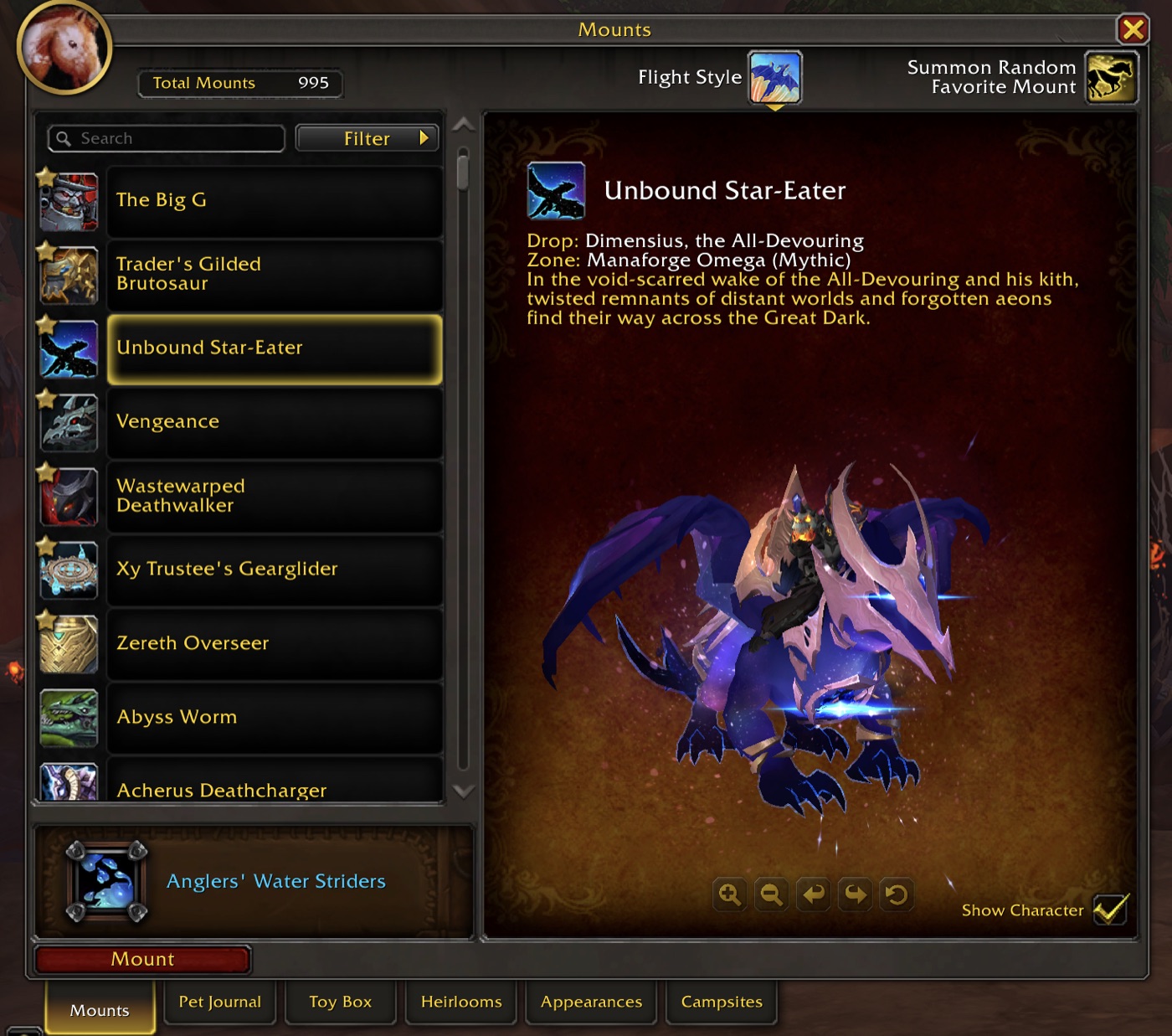 WoW mount collection tab showing 995 total mounts including Unbound Star-Eater, Trader's Gilded Brutosaur, and other rare mounts