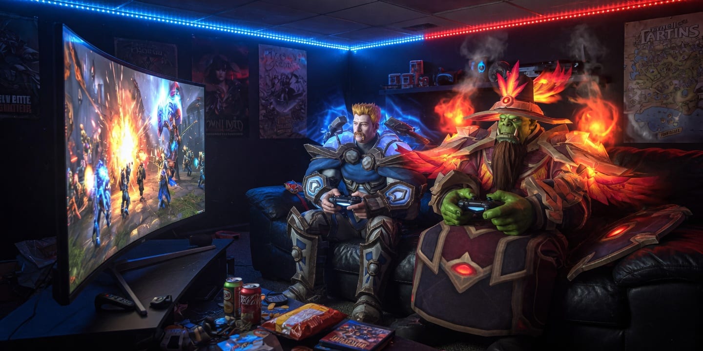 Human and Orc playing WoW on console controllers